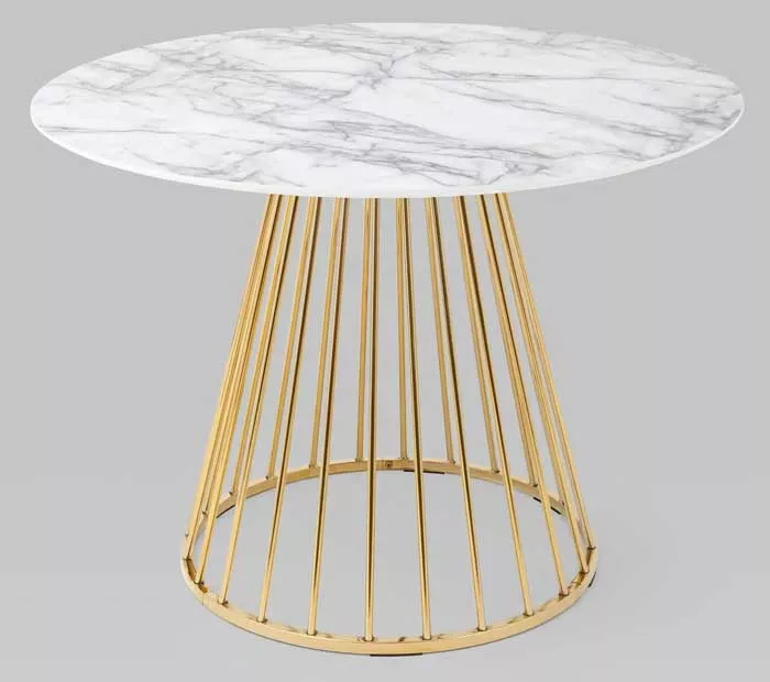 Круглый стол обеденный белый мрамор с золотым подстольем 110 см