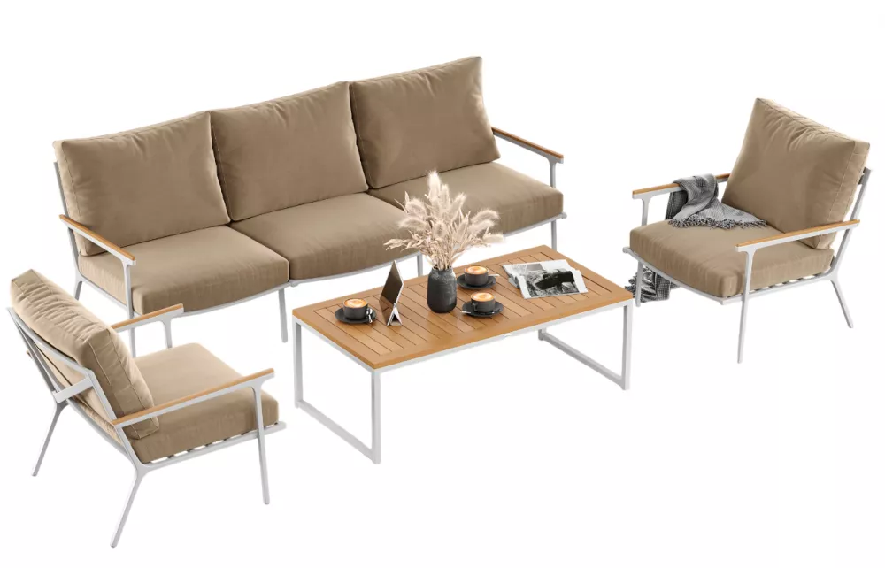 Белая мягкая лаунж зона для террасы тик/алюминий