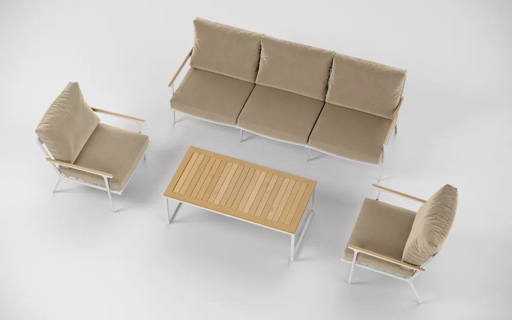 Белая мягкая лаунж зона для террасы тик/алюминий Белая мягкая лаунж зона для террасы тик/алюминий