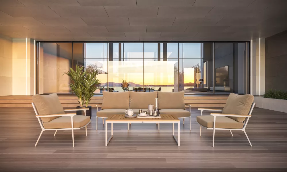 Белая мягкая лаунж зона для террасы тик/алюминий Белая мягкая лаунж зона для террасы тик/алюминий