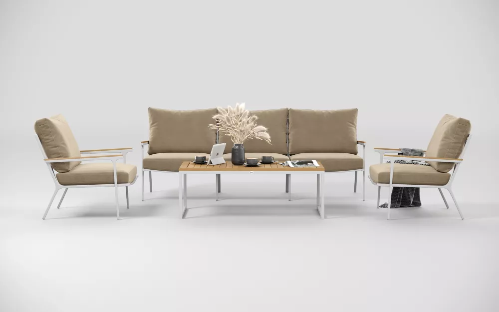 Белая мягкая лаунж зона для террасы тик/алюминий Белая мягкая лаунж зона для террасы тик/алюминий