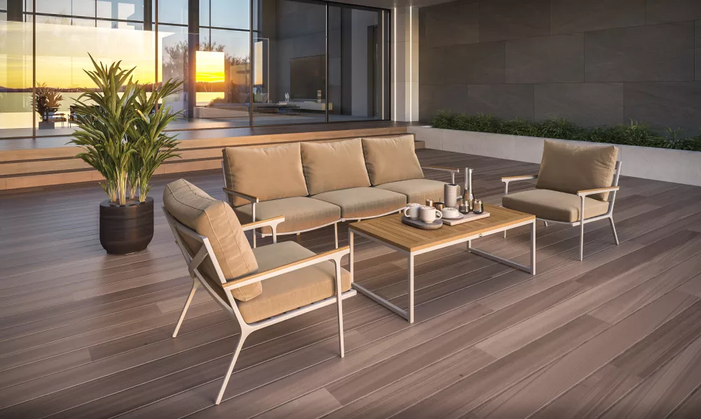 Белая мягкая лаунж зона для террасы тик/алюминий Белая мягкая лаунж зона для террасы тик/алюминий