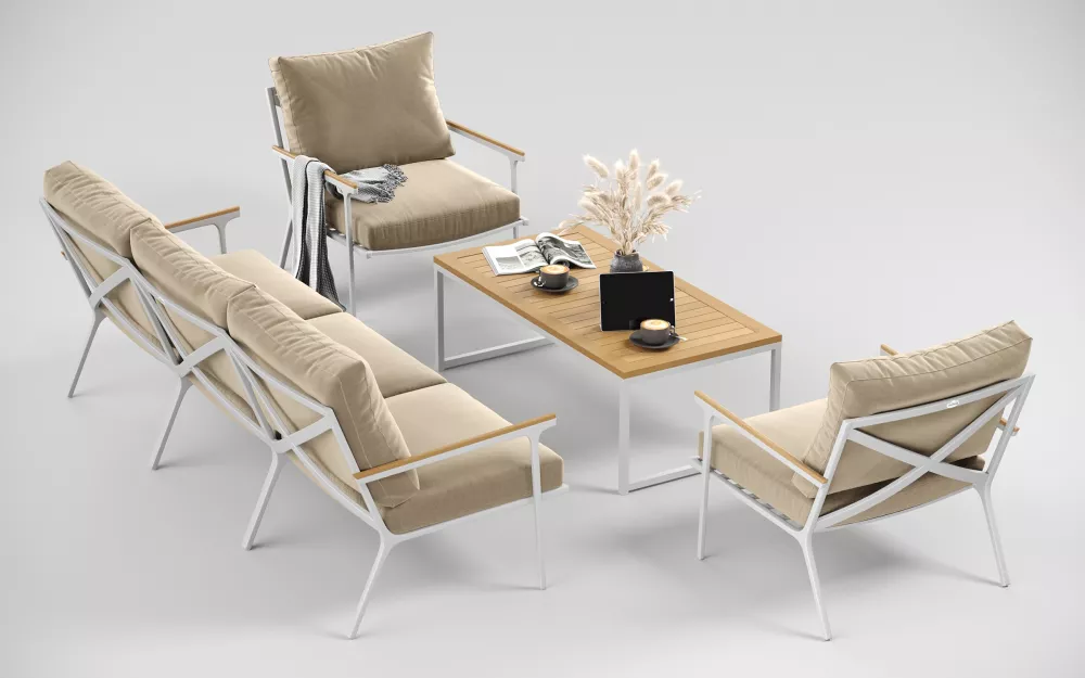 Белая мягкая лаунж зона для террасы тик/алюминий Белая мягкая лаунж зона для террасы тик/алюминий