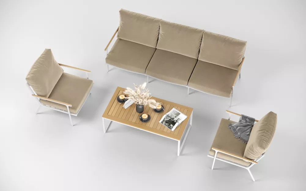 Белая мягкая лаунж зона для террасы тик/алюминий Белая мягкая лаунж зона для террасы тик/алюминий