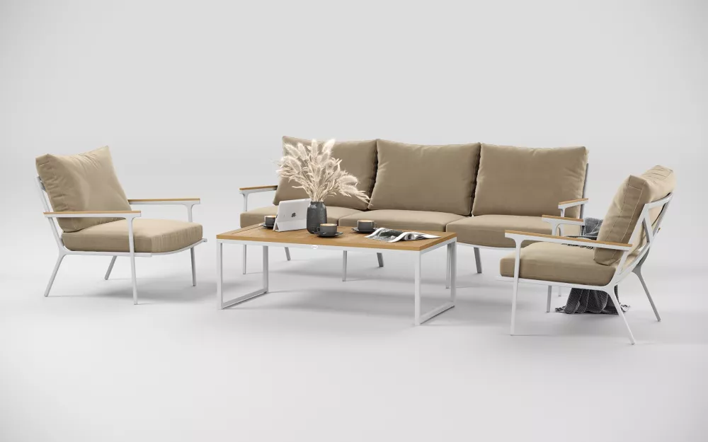 Белая мягкая лаунж зона для террасы тик/алюминий Белая мягкая лаунж зона для террасы тик/алюминий