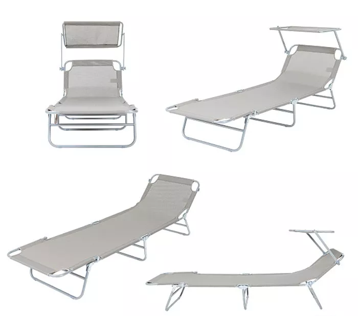 Складной шезлонг с козырьком от солнца и текстиленом Складной шезлонг с козырьком от солнца и текстиленом